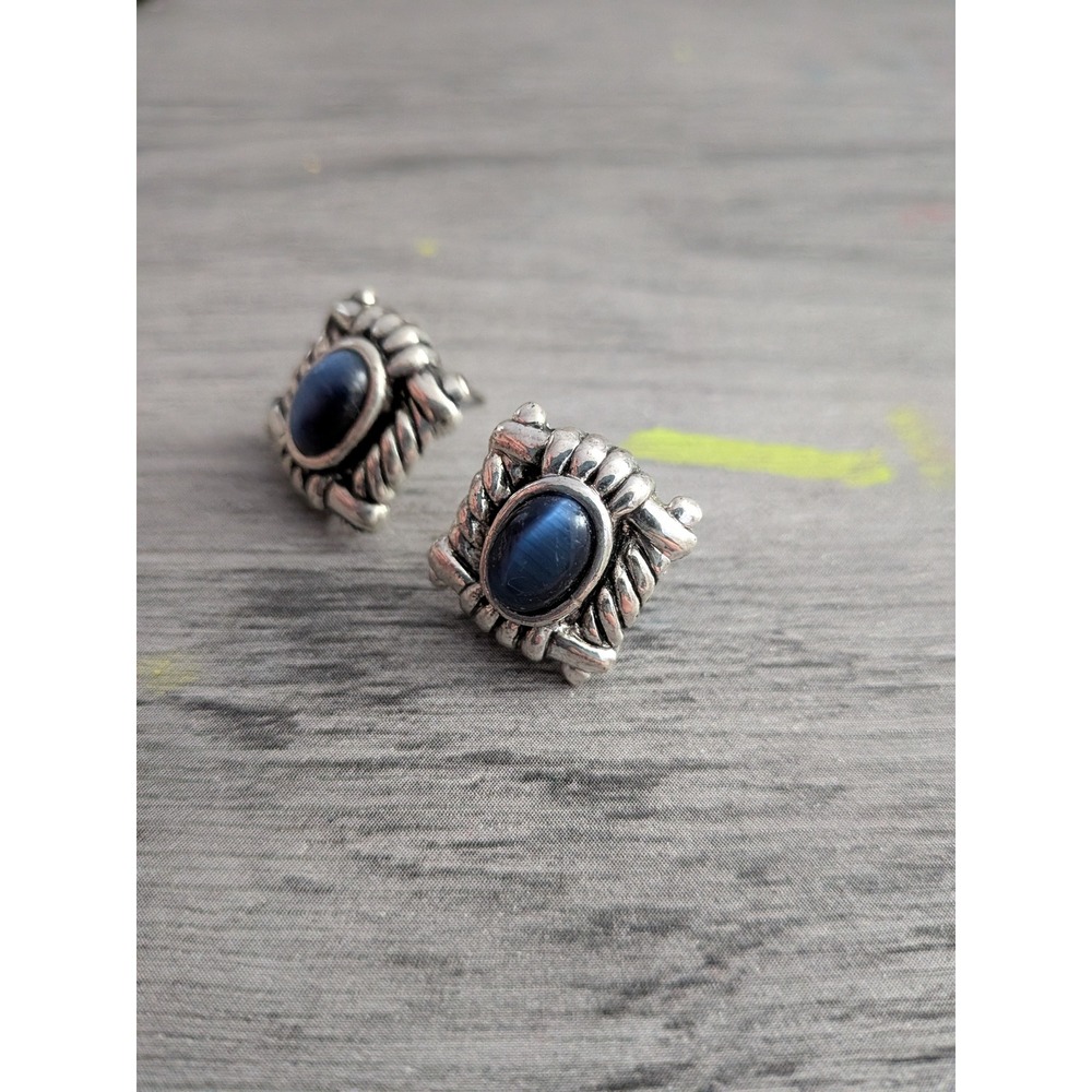 Vintage Blue Cats Eye Silver Tone Square Stud Earrings Boho Southwestern Style